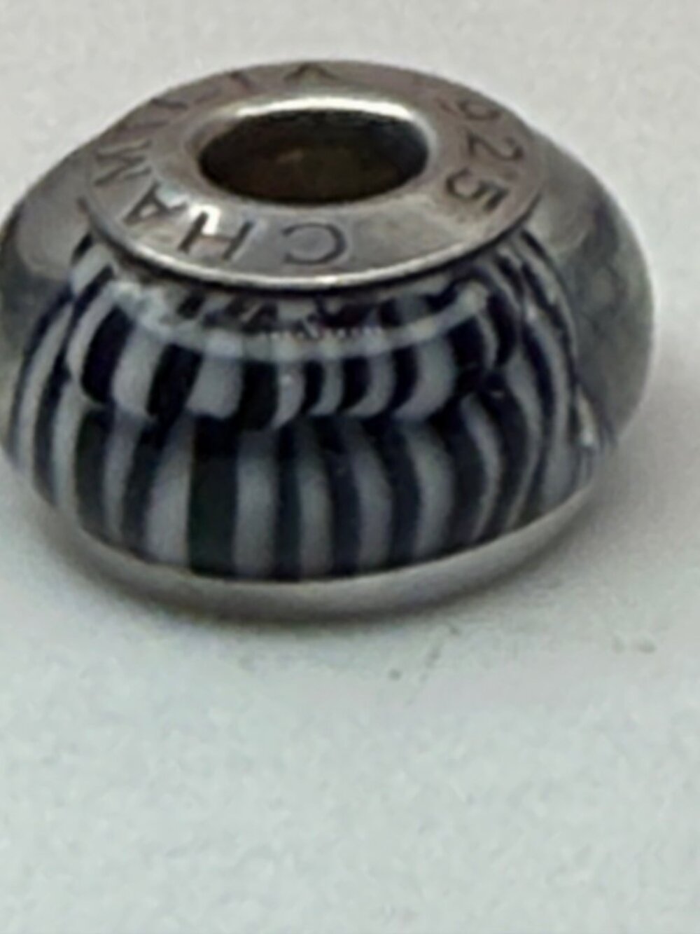 Chamilia 925 Sterling Silver Black White Striped Glass Petite Charm